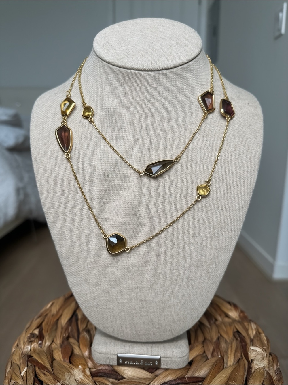 Stella & Dot Amber Smoky Gem Station Necklace + Matching Ring Set